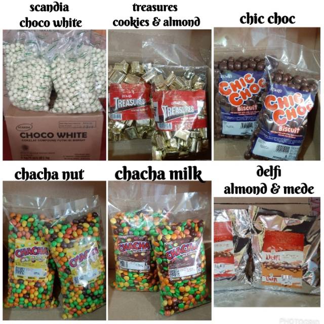 

Treasures , delfi almon mede , chic choc, chaca milk nut , scandia kemasan 1kg