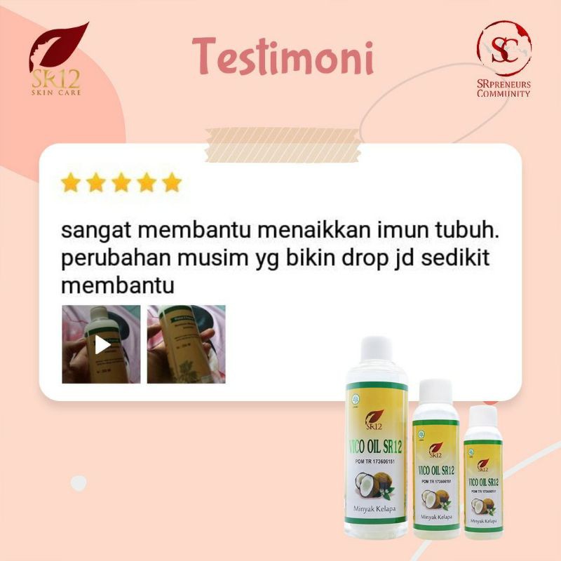 VCO Oil SR12 100% Minyak Kelapa Murni Tanpa Bahan Kimia - VICO Cold Press Suplemen Kesehatan dan Kecantikan Kulit