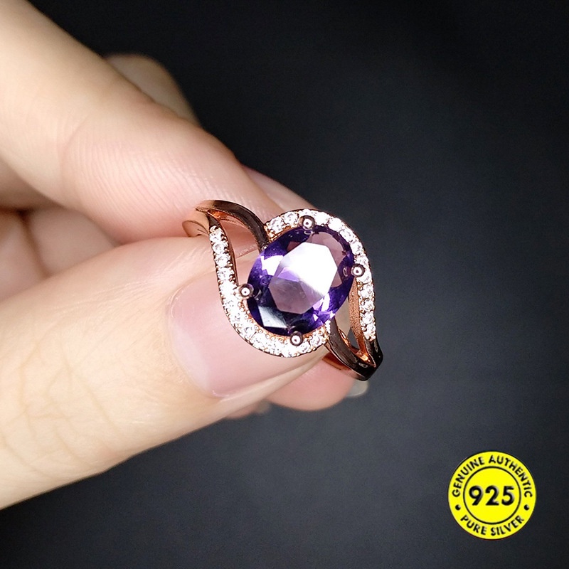 Cincin Rose Gold 18k Adjustable Dengan Batu Amethyst Mewah Untuk Wanita