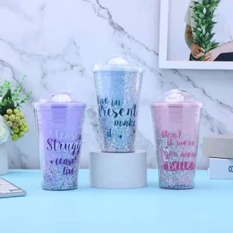 Barnik88 Botol Minum Unik Full Glitter Tumbler Cups Blink Gelas Minum Air Sedotan 450ml Botol Minum