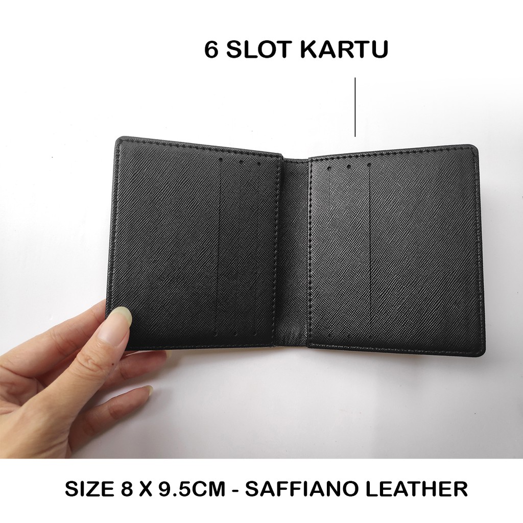 dompet bi fold 6 kartu custom gambar bahan saffiano leather pink hitam navy