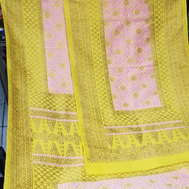Songket palembang asli sutra bunga cino kuning bunga baby pink kristal tembaga