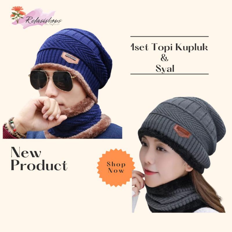 Topi Kupluk Rajut Beanie dan Syal Set / Kupluk Beanie / Topi Kupluk Set