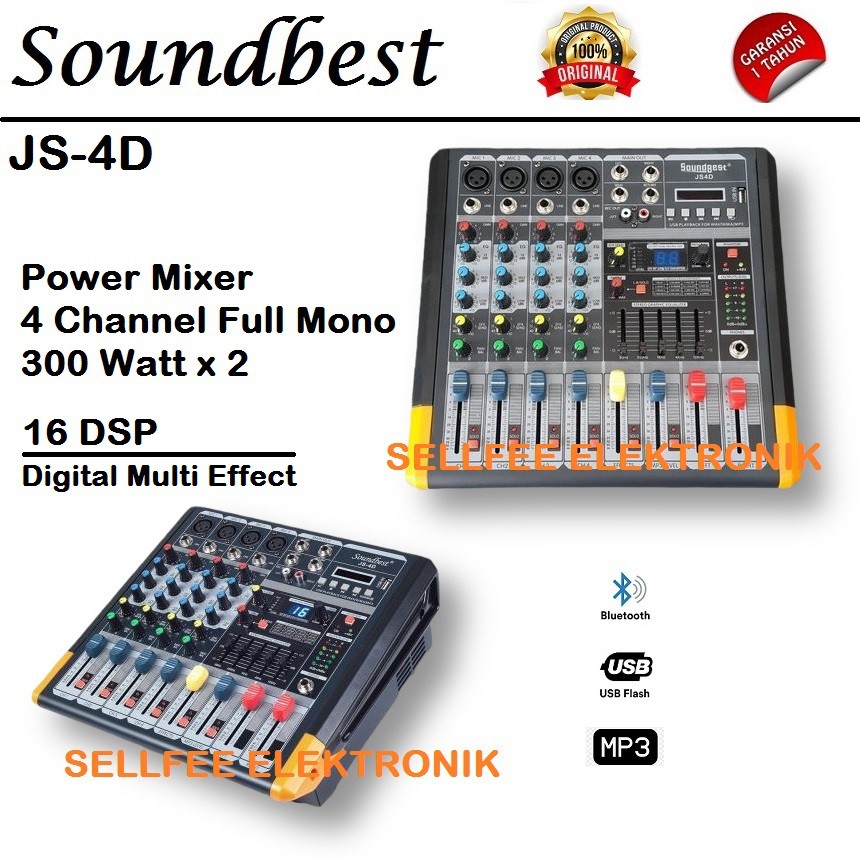 Soundbest JS-4D Power Mixer Audio Full 4 Channel Mono MP3 Bluetooth
