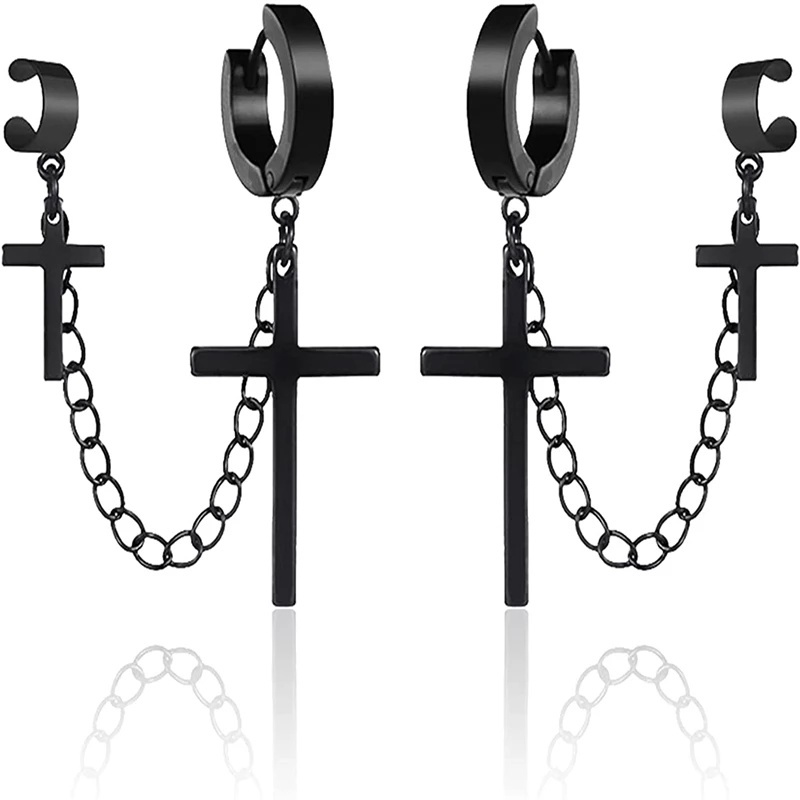 1Pc Pack Punk Stainless Steel Cross Clip Earrings For Teens Women / Vintage Hip Hop Chain Metal Earrings