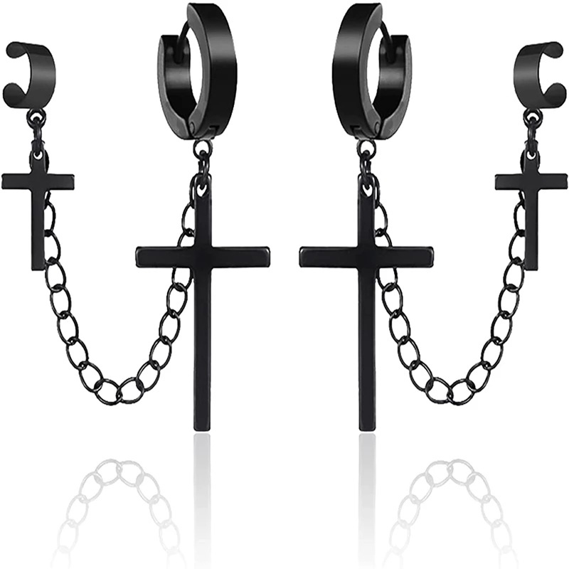 1Pc Pack Punk Stainless Steel Cross Clip Earrings For Teens Women / Vintage Hip Hop Chain Metal Earrings