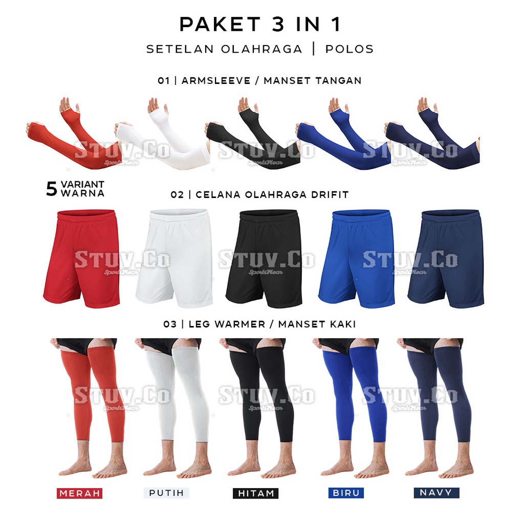 PAKET STELAN OLAHRAGA ARM SLEEVE LEG WARMER DAN CELANA PENDEK DRI FIT UNISEX