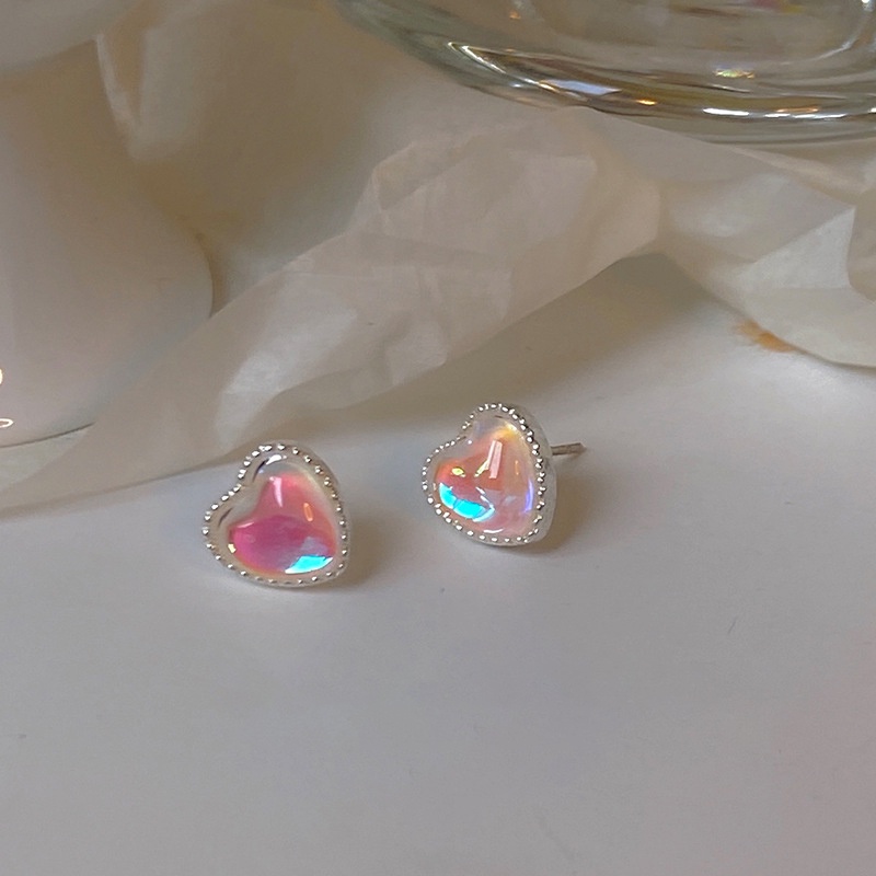 Anting Stud Opal Bentuk Hati Warna Pink Gaya Korea Untuk Perempuan