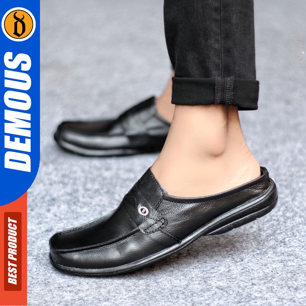 Sepatu Sandal Pria Kulit Asli Sendal Bustong Slop Hitam DEMOUS BECKY