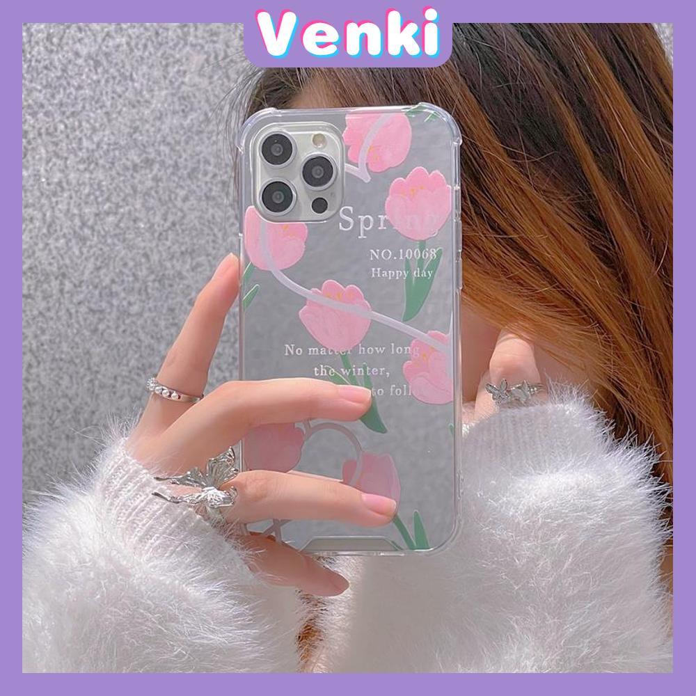 iPhone Case Acrylic Reflective Mirror Airbag Shockproof Protection Camera Pink Tulip Flower Compatible with iPhone 11 iPhone 13 Pro Max iPhone 12 Pro Max iPhone 7 Plus iPhone xr