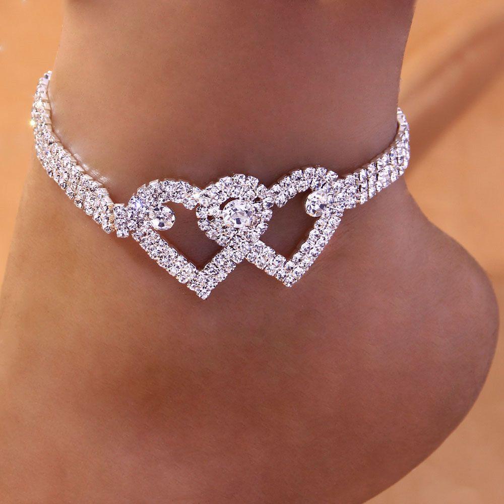 R-flower Anklet Barefoot Chain Bling Kristal Warna Silver Hati Ganda