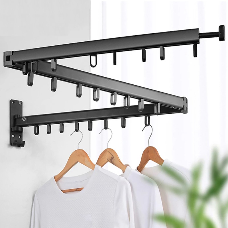 Folding Clothes Hanger Wall Mount Retractable Cloth Drying Rack Aluminum Laundry Clothesline Space Saving Drying Black A