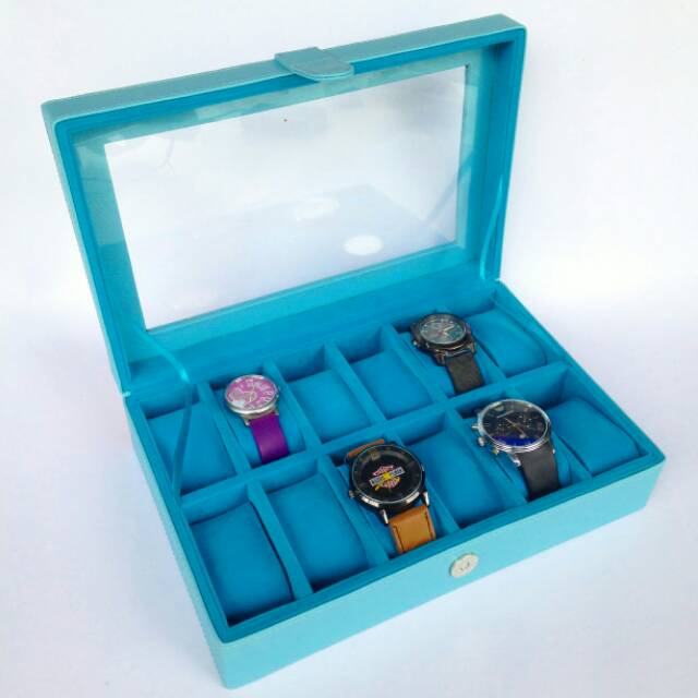 Box Jam Tangan isi 12 Warna Biru Muda / Tempat Jam Tangan / Kotak Jam Tangan