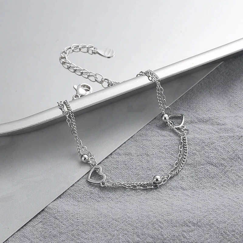 1 Pcs Silver Color Hollow Love Heart Double Layer Metal Bracelet/ Contracted Design Round Bead Chain Adjustable Bangle