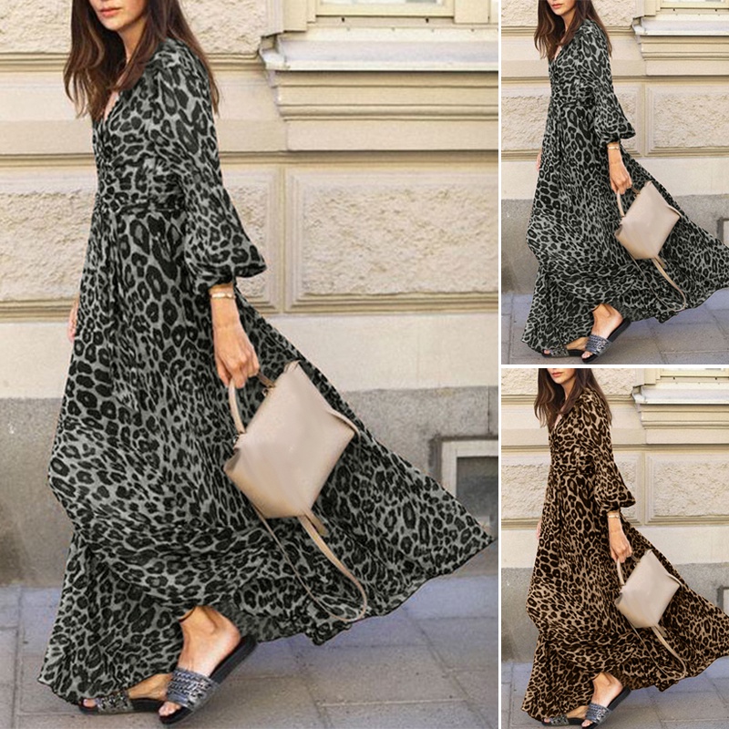 ZANZEA Women Leopard Print Relaxed Fit Loose Casual Maxi Dress