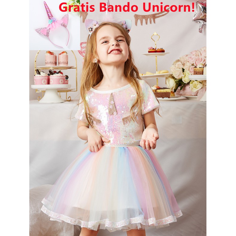 Dress Unicorn Blink / Dress Sequin Rainbow Gaun Anak Perempuan Pesta