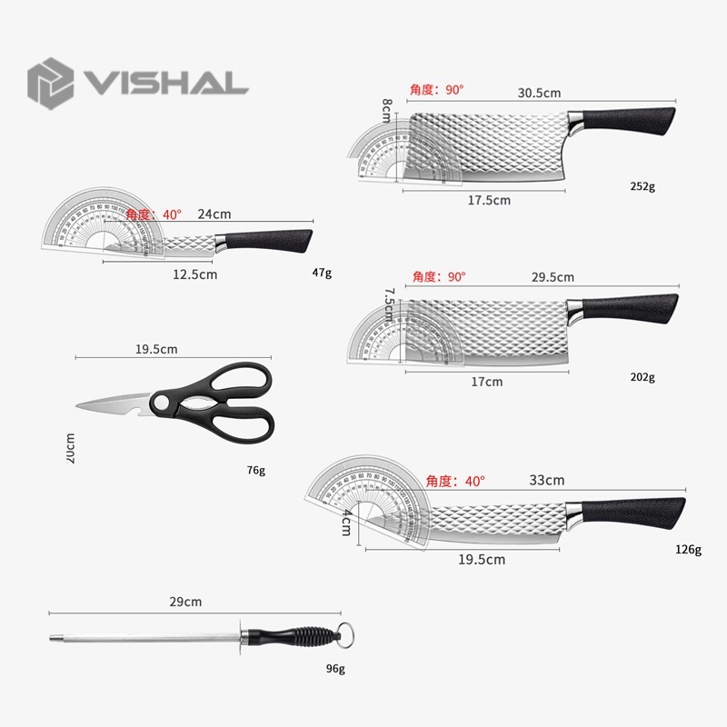 VISHAL 6 in 1 Set Pisau Dapur Damascus Pattern Meat Knife Cleaver Pisau Daging Stainless Steel