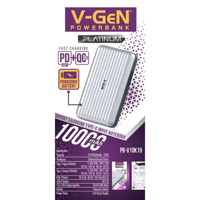 Powerbank V-GeN V10K19 10000mAh QC 3.0 Fast Charging PD Type C Input