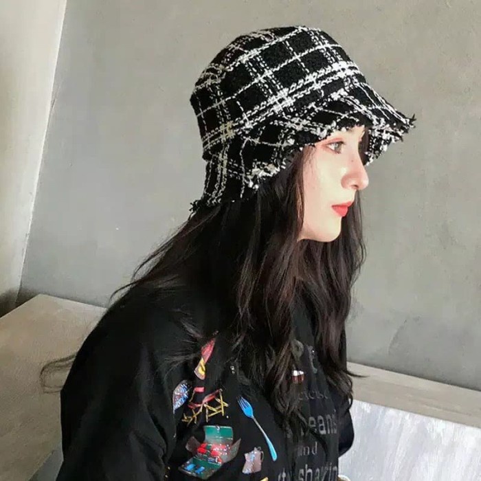 Topi Pria READY UNISEX Topi Bucket Pria Wanita Graffiti Korea / summer hat grid - Hitam(S5T6) Topi B