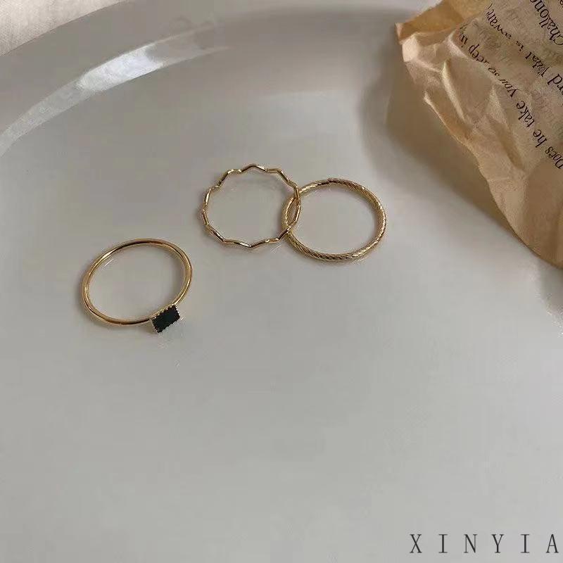 3pcs Cincin Zircon Bentuk Kotak Warna Hitam Untuk Wanita