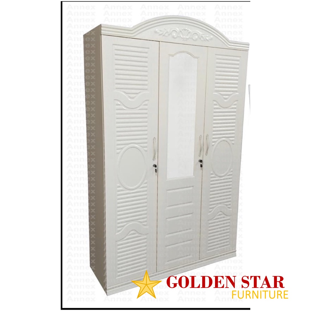 Lemari Pakaian Besi 3 pintu ukir cermin putih ANTI RAYAP & BANJIR