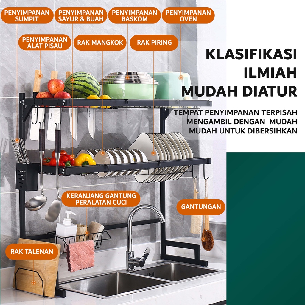 Rak Wastafel Stainless Steel Peralatan Makan Rak Pembuangan Anti Karat ---Emas Hitam/Emas Hijau