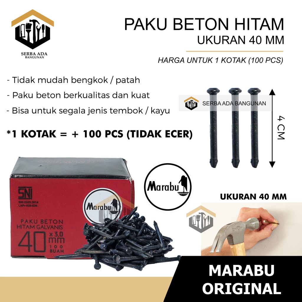 PAKU BETON SIZE 2- 2.5 - 3 - 4 -5 Cm MARABU HITAM GALVANIS HARGA 1BOX (100PCS) TERMURAH KOMPLIT