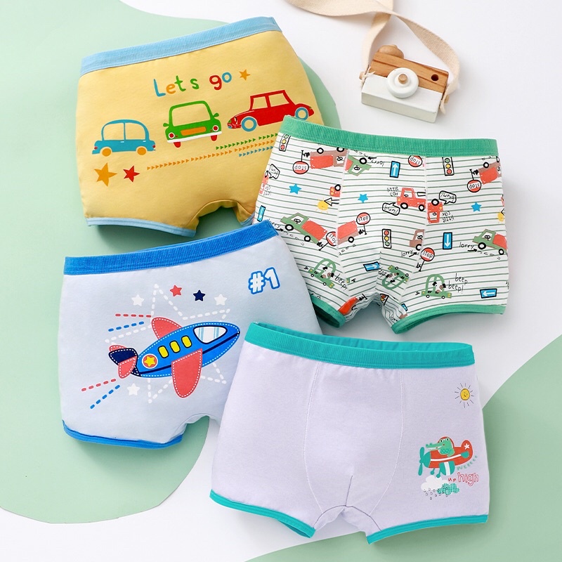 Set Celana Dalam Boxer Anak Laki Laki Bahan Katun Import Premium Quality isi 4 pcs per Pack Celana Dalam Segiempat Anak Laki Laki Celana Dalam Anak Bahan Katun Gambar Pesawat Kolor Anak Laki Laki Murah