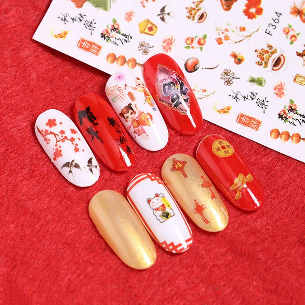 Mxbeauty Stiker Kuku Tahun Baru Meriah Happy Lantern 2022tahun Baru Cina Simpul Lucky Cat DIY Dekorasi Nail Art