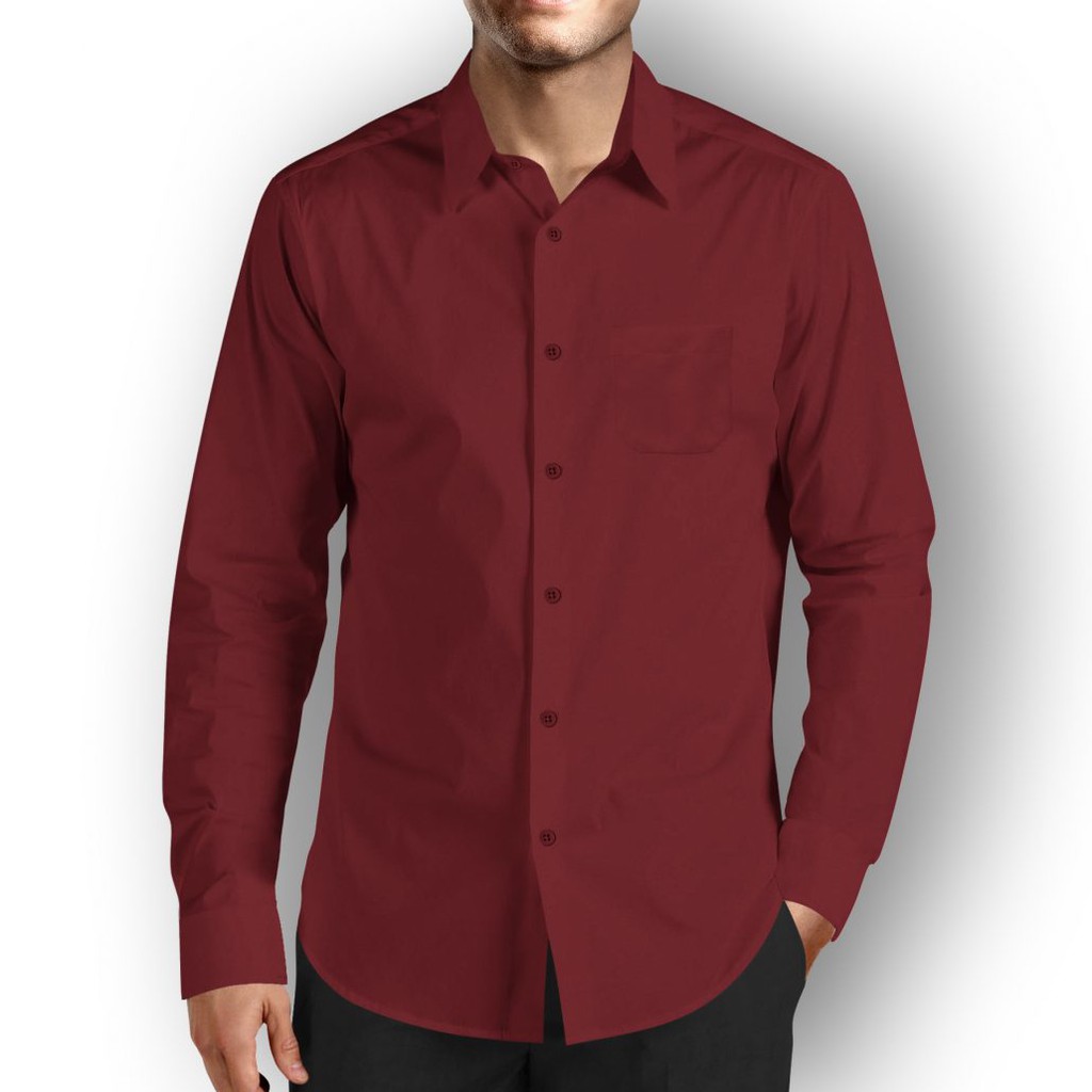 Kemeja Formal Pria Polos Panjang Warna Merah Maron Kain Katun uk M L XL TERBARU