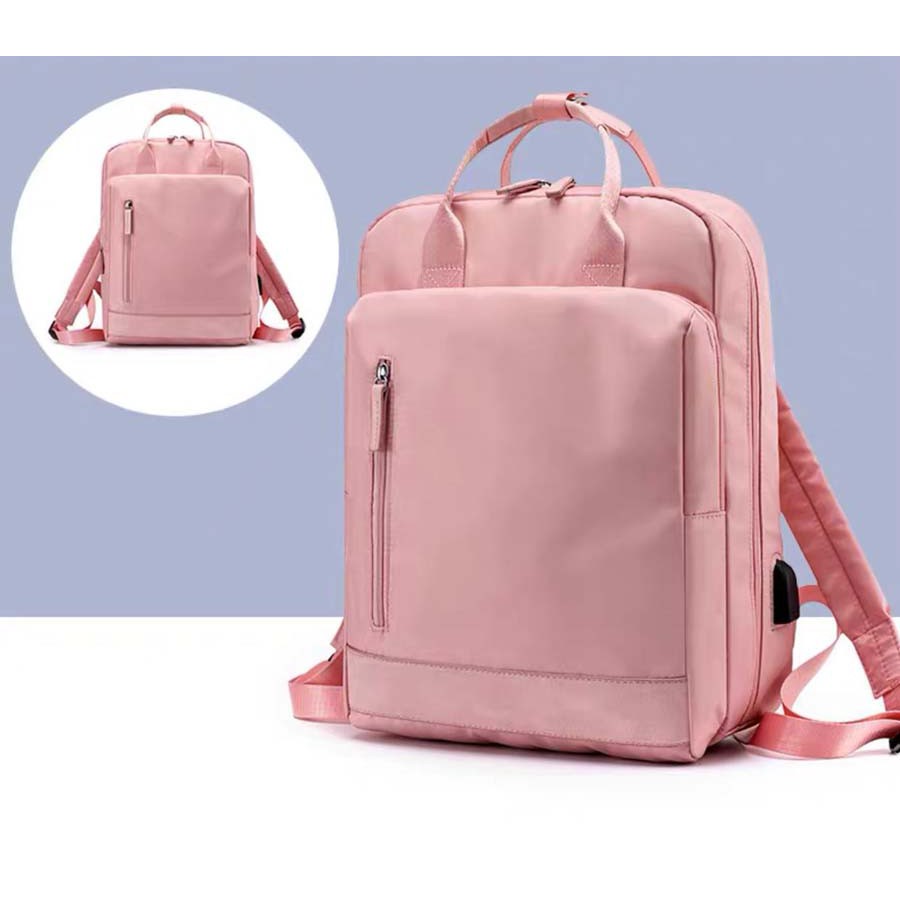 Tas Laptop Backpack Ransel Waterproof 14 15 inch with USB Port - pink biru