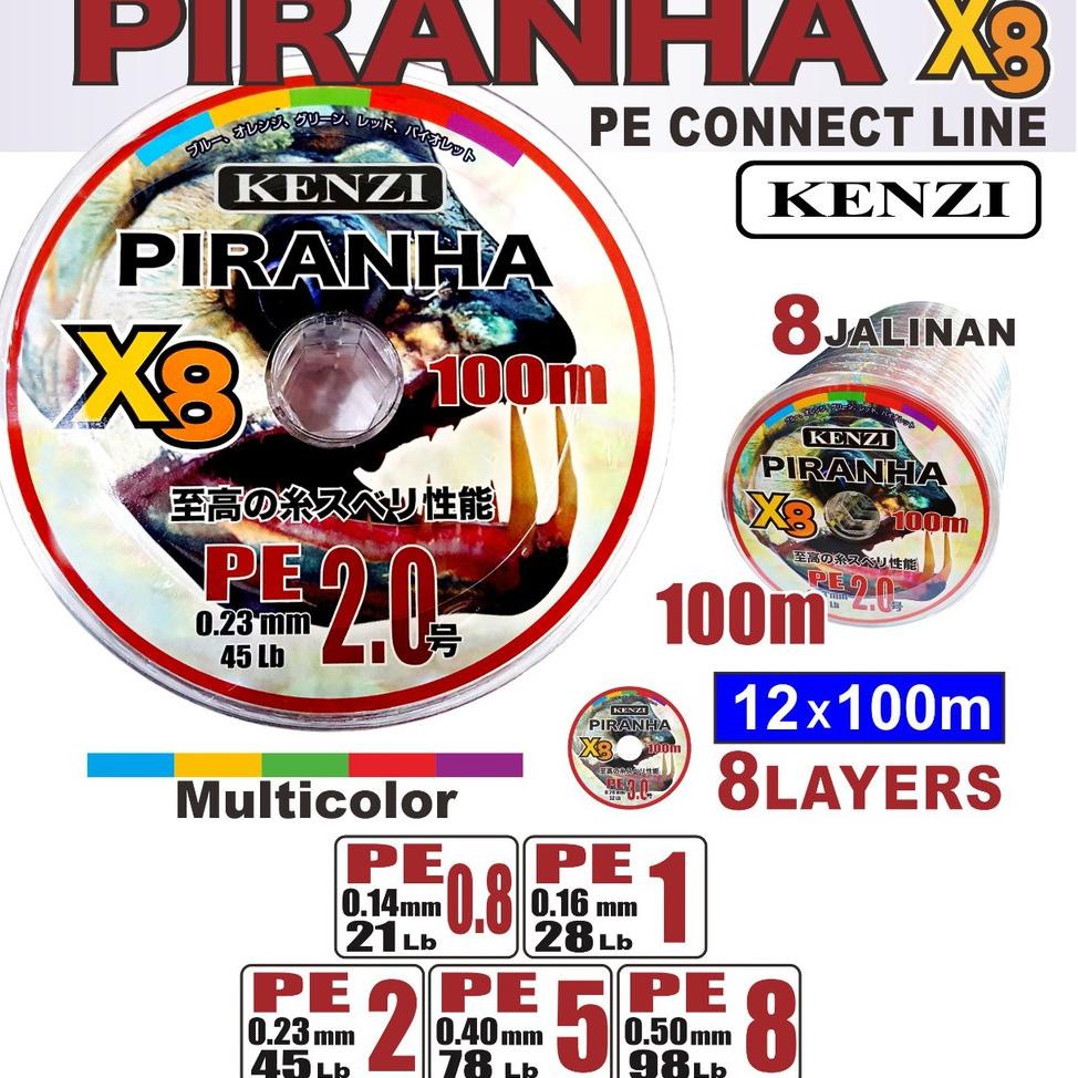 {WED.02Jl22q} PE KENZI PIRANHA X8 100M PE 0.8/ 1/ 1.5/ 2.0/ 3.0 SENAR BENANG MULTI COLOR 8 LAYERS CO