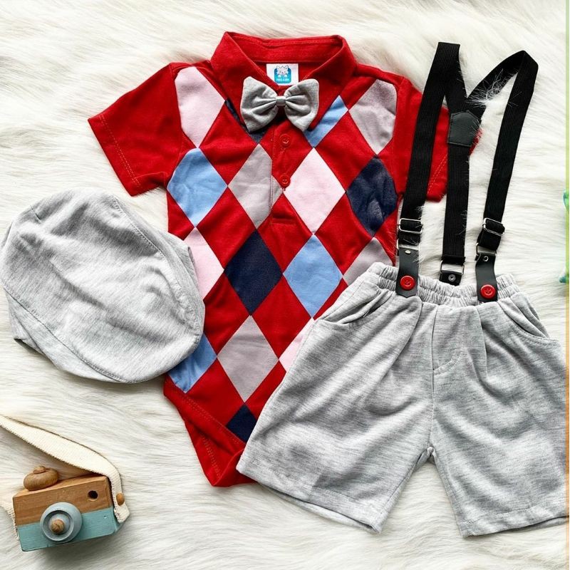 Baju setelan jumper kemeja dasi celana suspender anak lucu fashion bayi cowok laki-laki murah -dia