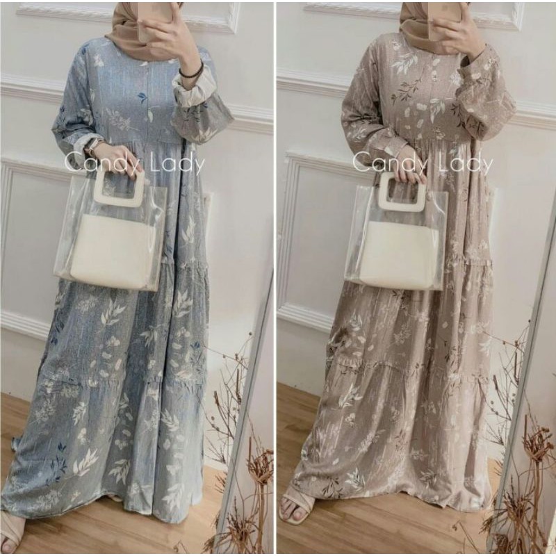 GAMIS LEBARAN RAYON PREMIUM | MAXI BUSUI MOTIF BUNGA KECIL TALI PINGGANG | HOMEYDRESS SIMPEL