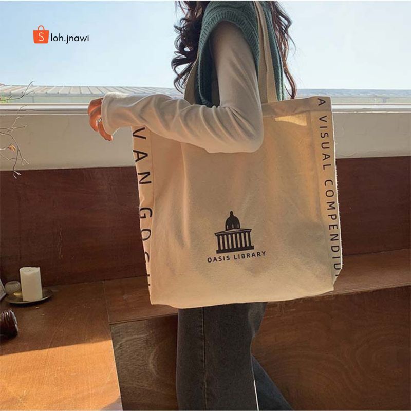 Korean Totebag Canvas Resleting Dan Saku Van Gogh Style Aesthetic Tebal Premium