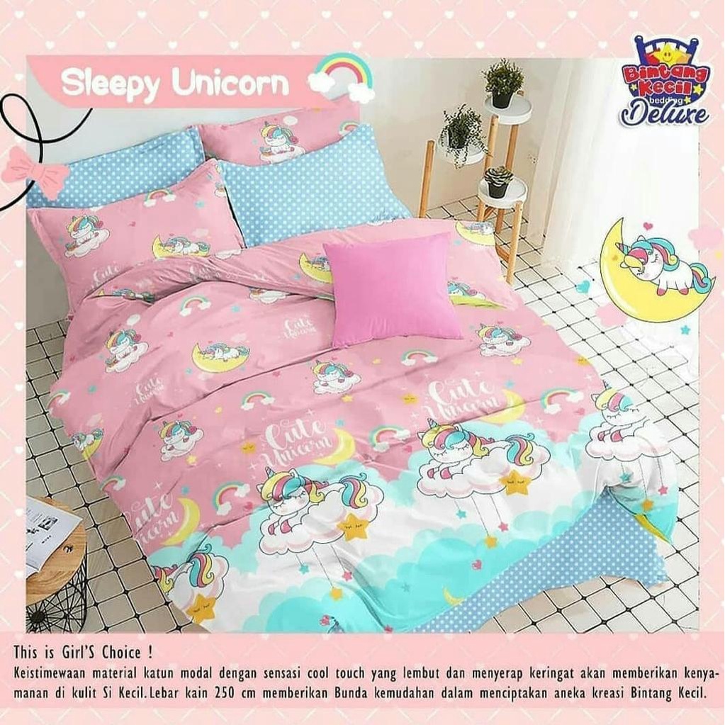 Einhomestuff Sprei Bintang Kecil Motif Sleepy Unicorn Pink