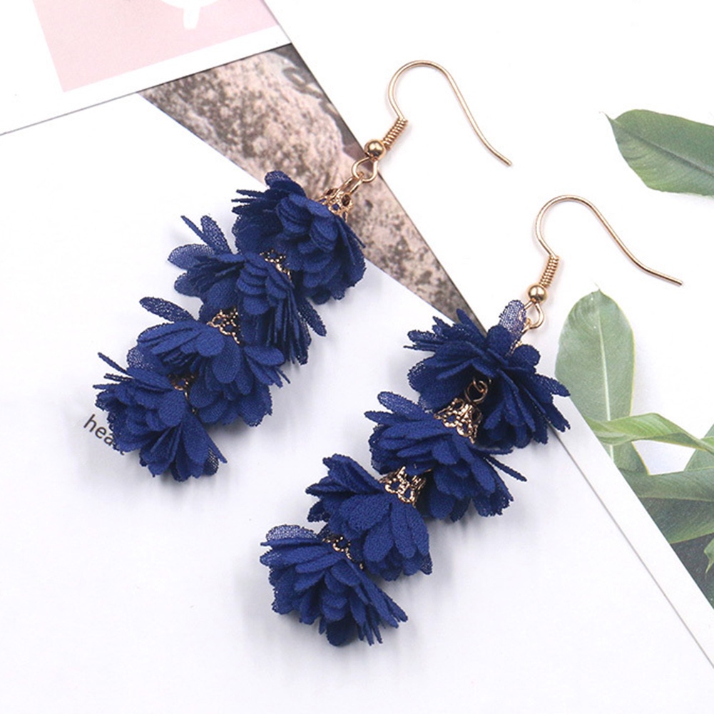 Anting Kait Gantung Panjang Desain Bunga Kain Rumbai Gaya Boho Untuk Wanita