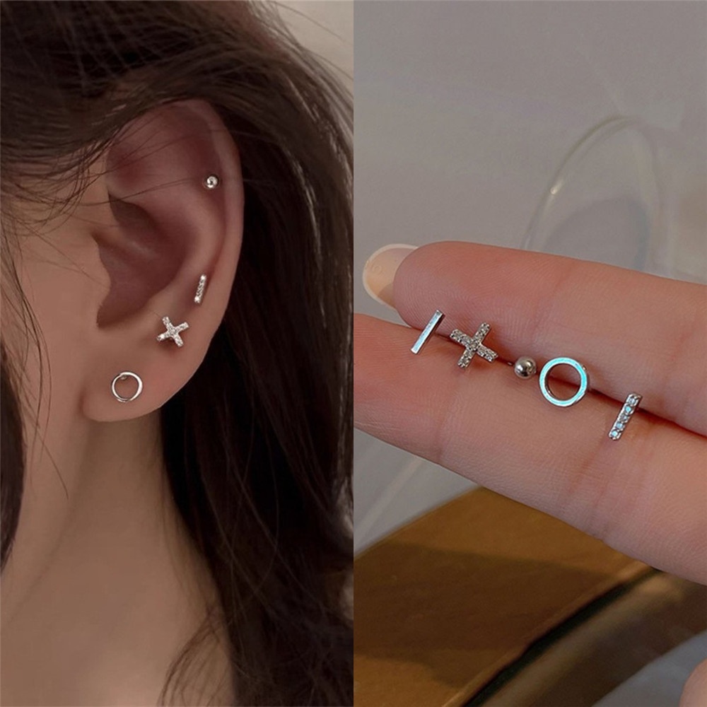 6 pcs Korea Cahaya Mewah Kompak Geometris Logam Zirkon Emas Perak Stud Earrings Set untuk Wanita