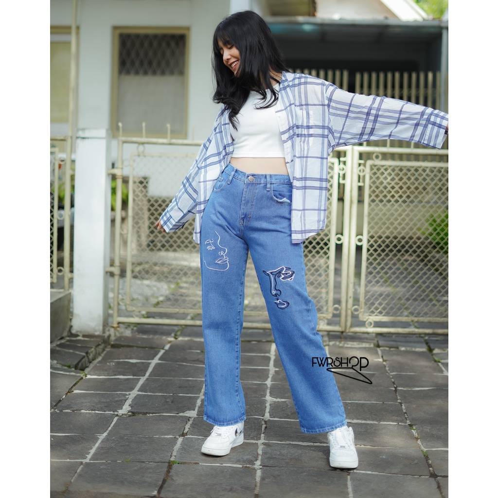 FWR - Highwaist Loose wanita Jeans Jenner korean style