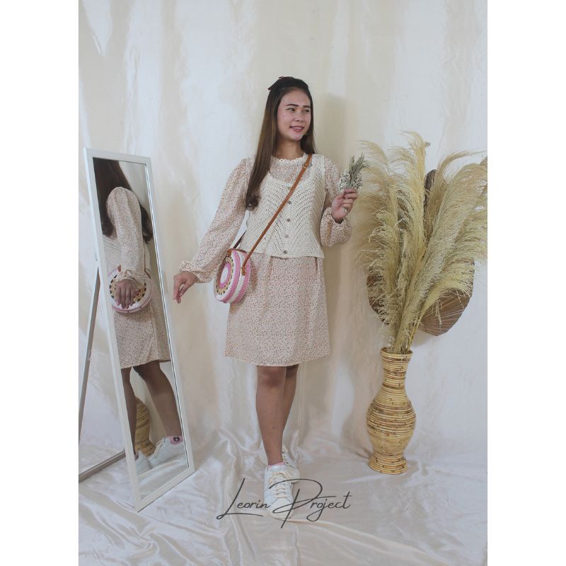 Dress Korea Modern Vintage Motif Floral Bonus Rompi Murah Tunik