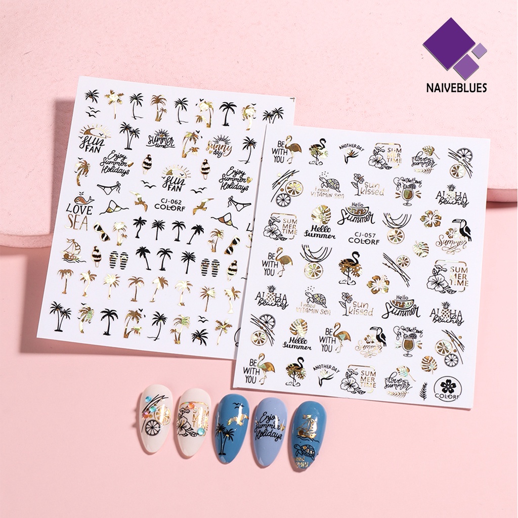 Naiveblue Stiker Kuku Motif Daun Warna Hijau Stiker Kuku Motif Graffiti 2D Dengan Perekat Untuk Manicure