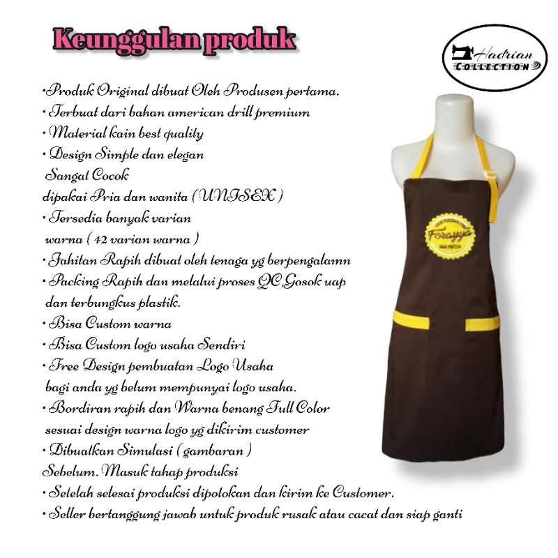 Celemek apron kombinasi warna Custom Bordir logo dan polos Celemek masak Celemek dapur  Celemek grosir murah.