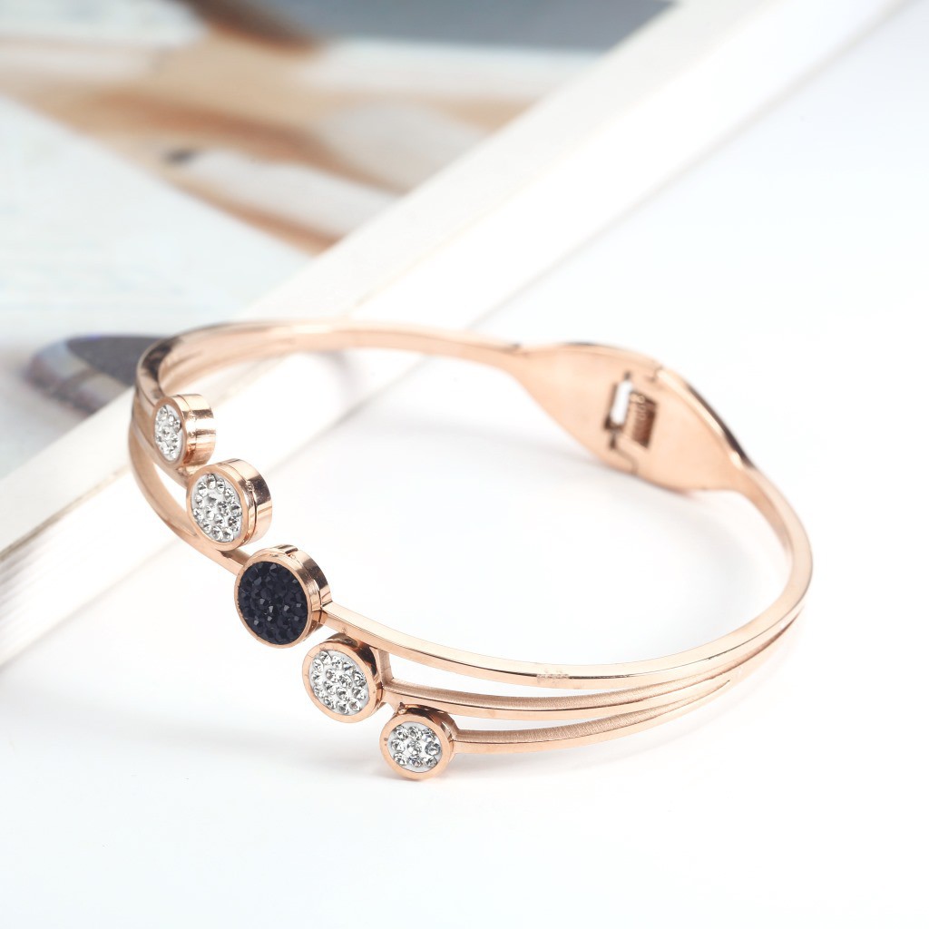 Gelang Titanium Premium Bangle 3 Layer Bulat Hitam Putih Rose Gold - BB503