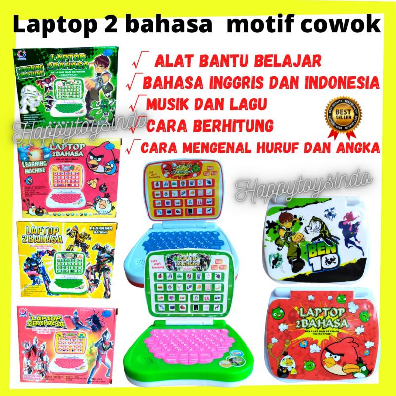 Mainan Anak Edukasi Laptop Mini 2in1 2 Bahasa Indonesai Inggris Alat Bantu Belajar Membaca Menghitun