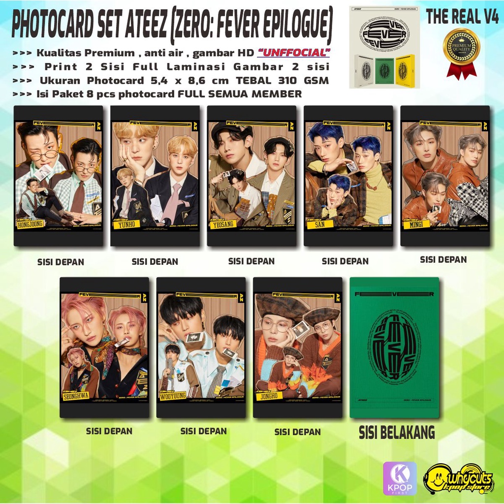 PHOTOCARD SET PREMIUM KPOP/ ATEEZ / ZERO FEVER EPILOGUE / PRINT 2 SISI FULL LAMINASI / ISI 1 SET 8PCS