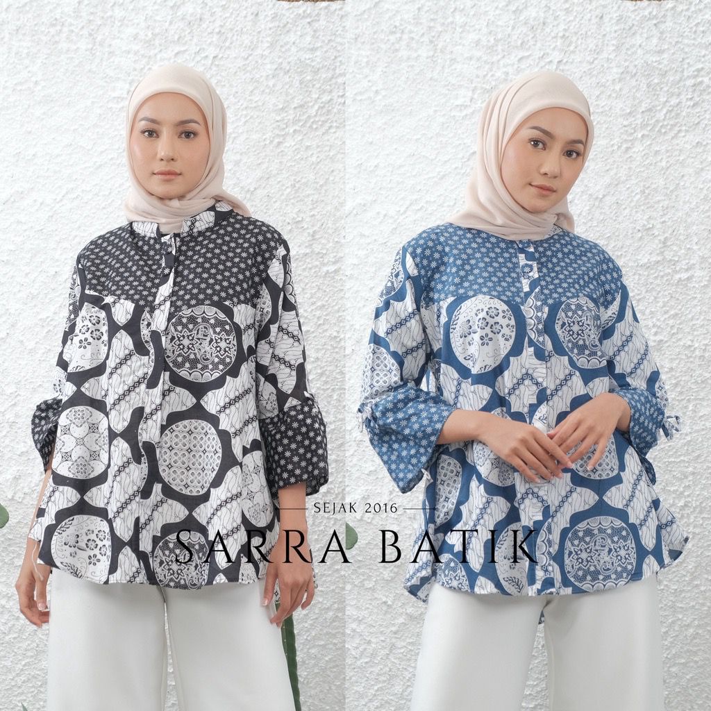 Blus Koin Truntum Kombinasi Batik Kekinian Kerja Kantoran Blouse Kondangan Modern Casual Lengan Lonceng