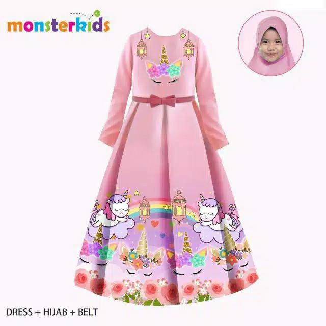 Dress Gamis Panjang Anak Character Monster Kids 3in1 Free Hijab MK