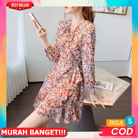 Baju Mini Midi Puff Floral Flower Sabrina Dress Pesta Lebaran Hari Raya Kondangan Party Casual Front