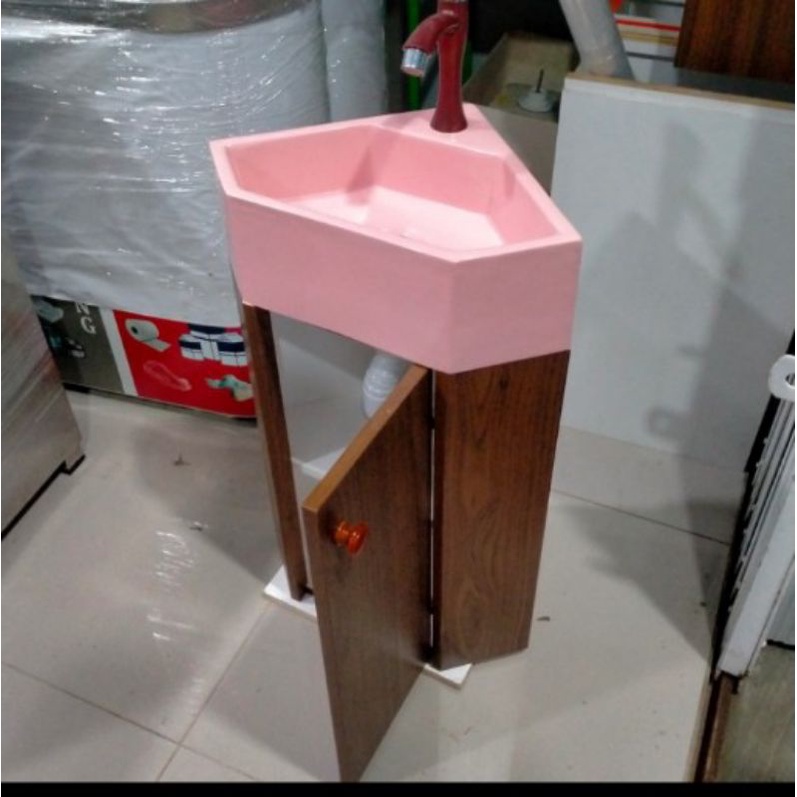 Wastafel gantung / wastafel sudut kabinet / bahan feber glass + kabinet finish hpl