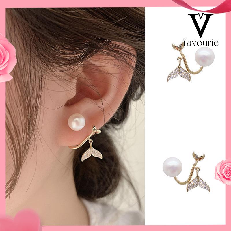 [COD]Pearl Fishtail Back Hanging Earrings Wanita High-end Cahaya Mewah Penuh Berlian Anting Geometris-FA